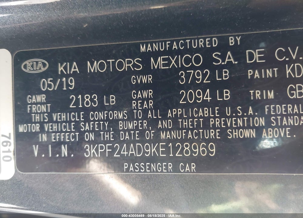 2019 KIA FORTE VIN: 3KPF24AD9KE128969