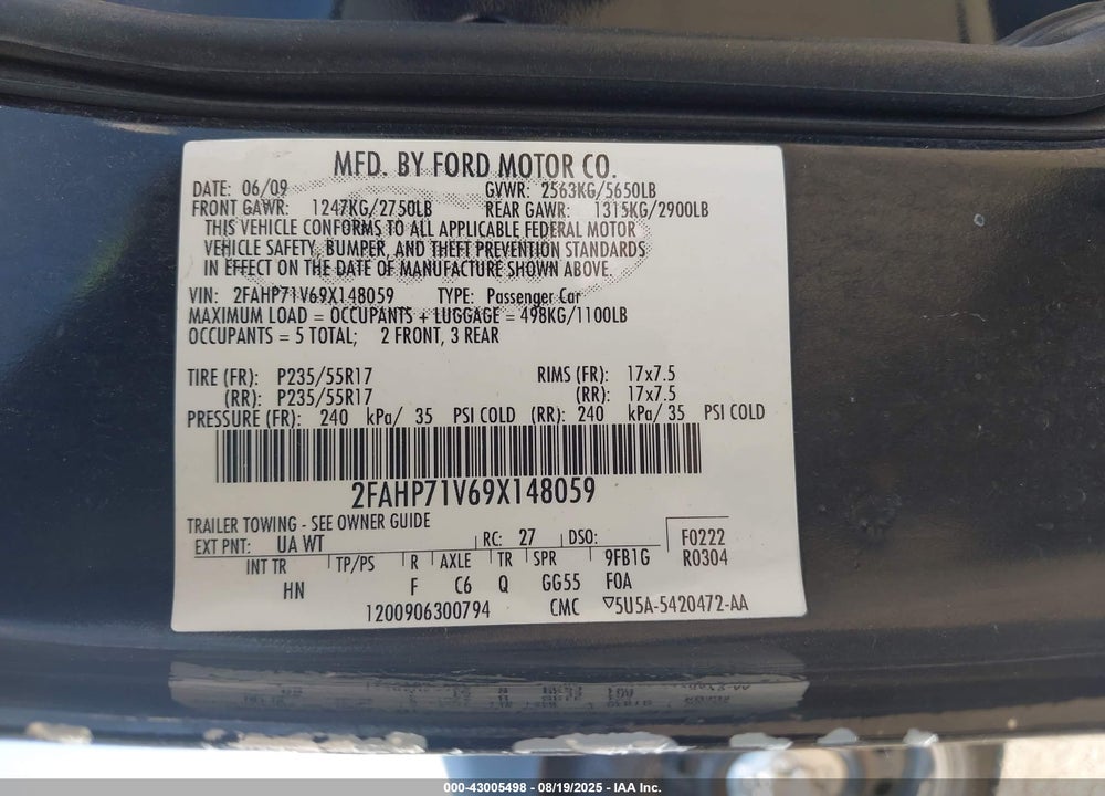 2009 FORD CROWN VICTORIA VIN: 2FAHP71V69X148059