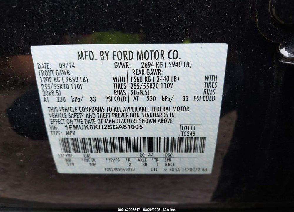 2025 FORD EXPLORER ST-LINE VIN: 1FMUK8KH2SGA81005