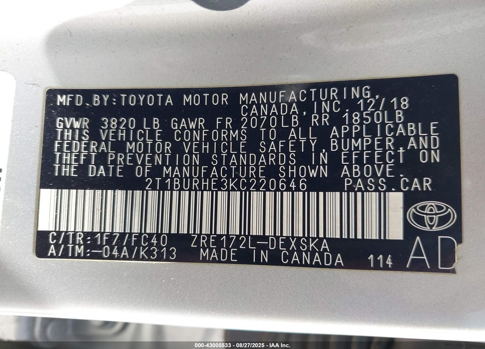 2019 TOYOTA COROLLA SE VIN: 2T1BURHE3KC220646