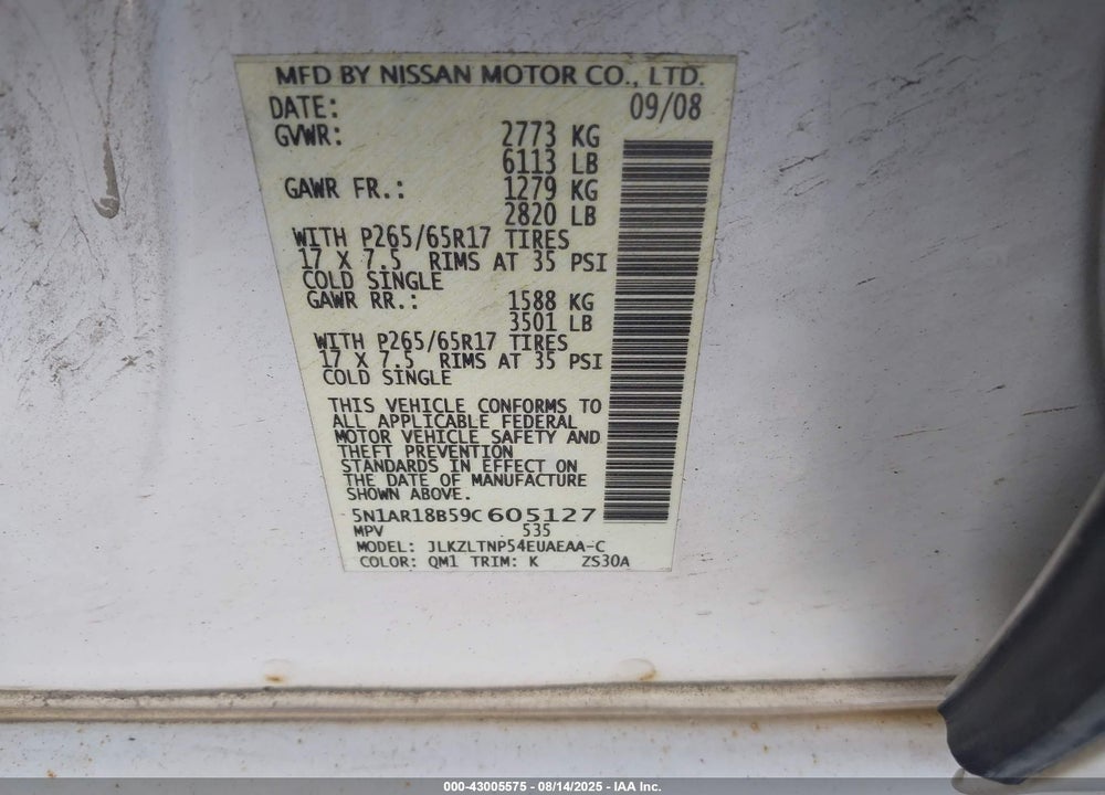 2009 NISSAN PATHFINDER SE VIN: 5N1AR18B59C605127