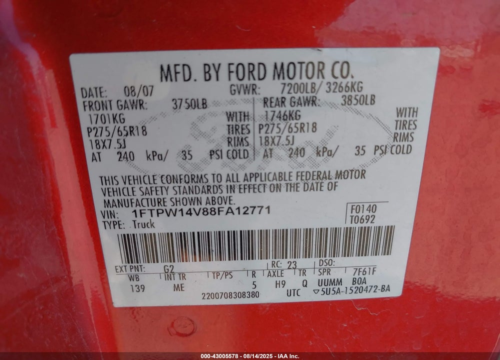 2008 FORD F-150 XLT VIN: 1FTPW14V88FA12771