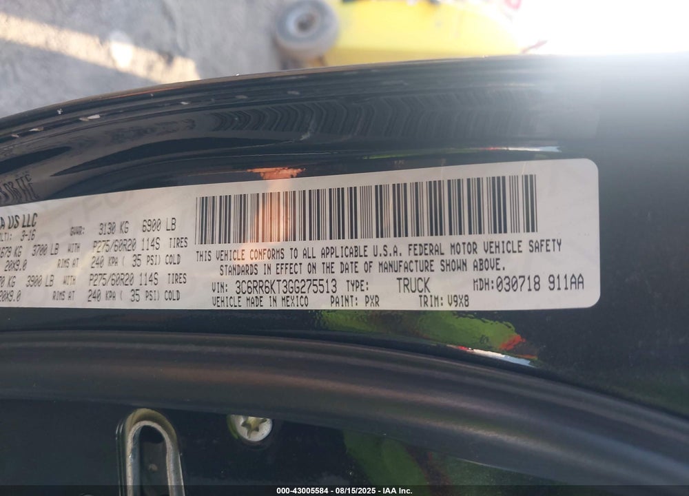 2016 RAM 1500 VIN: 3C6RR6KT3GG275513