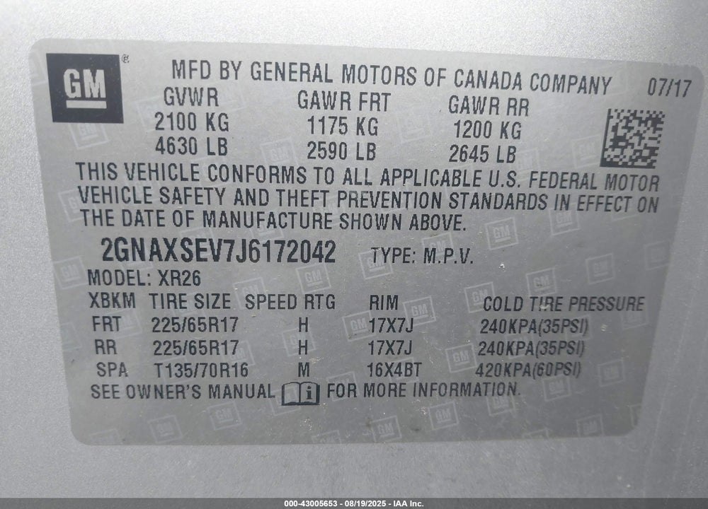 2018 CHEVROLET EQUINOX VIN: 2GNAXSEV7J6172042