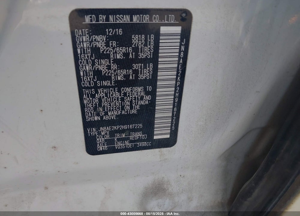 2017 NISSAN QUEST SV VIN: JN8AE2KP2H9167225