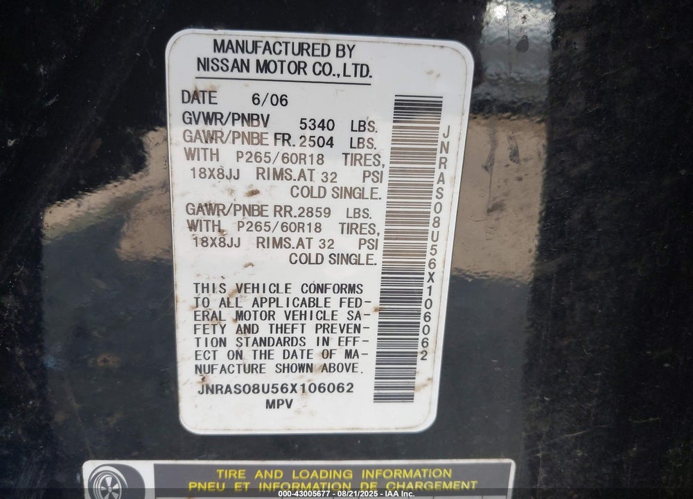2006 INFINITI FX35 VIN: JNRAS08U56X106062