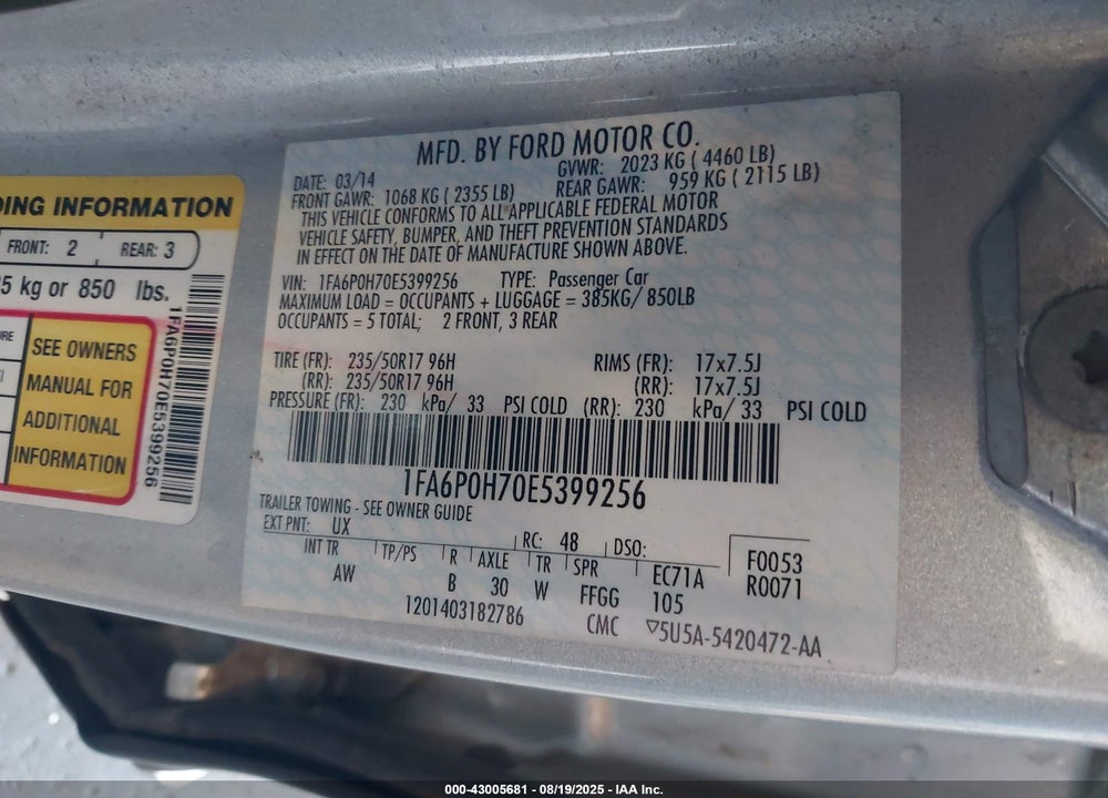 2014 FORD FUSION SE VIN: 1FA6P0H70E5399256