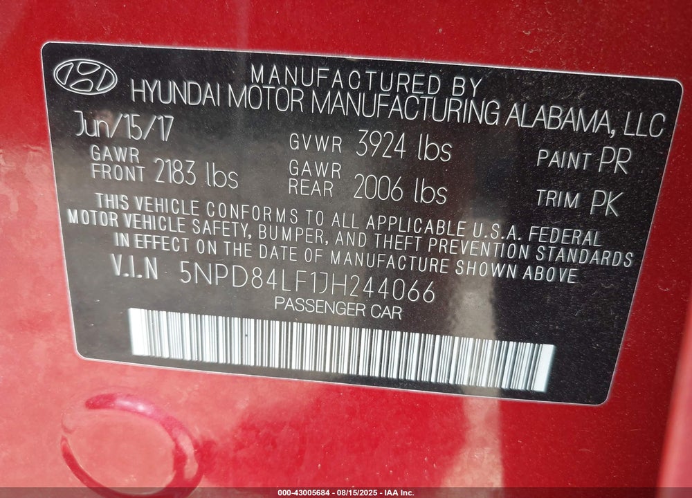 2018 HYUNDAI ELANTRA VIN: 5NPD84LF1JH244066