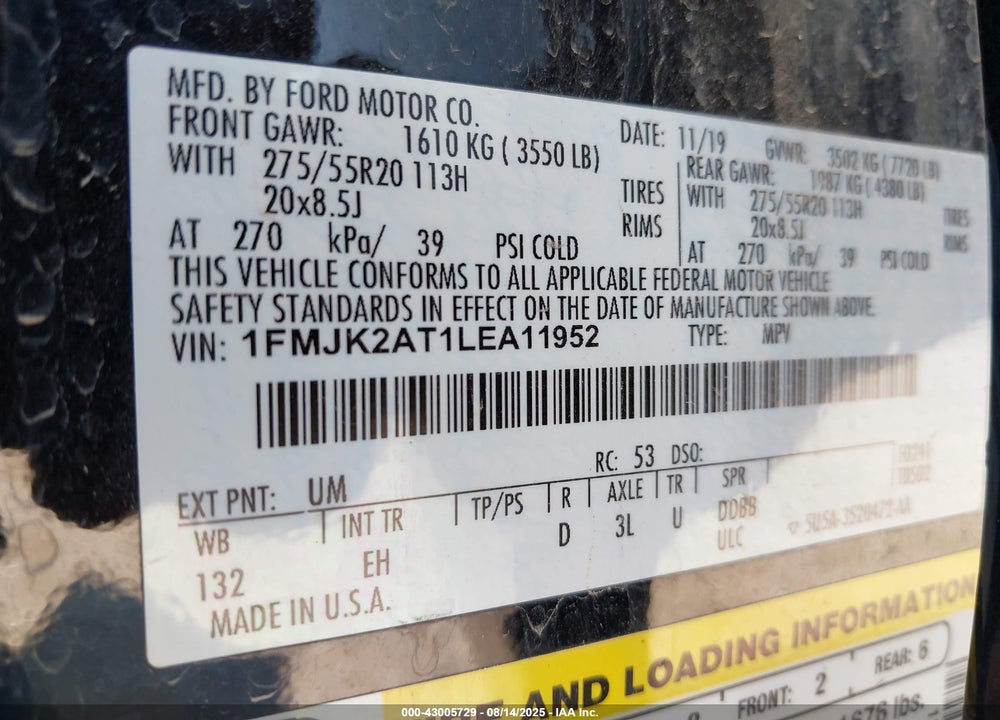 2020 FORD EXPEDITION VIN: 1FMJK2AT1LEA11952