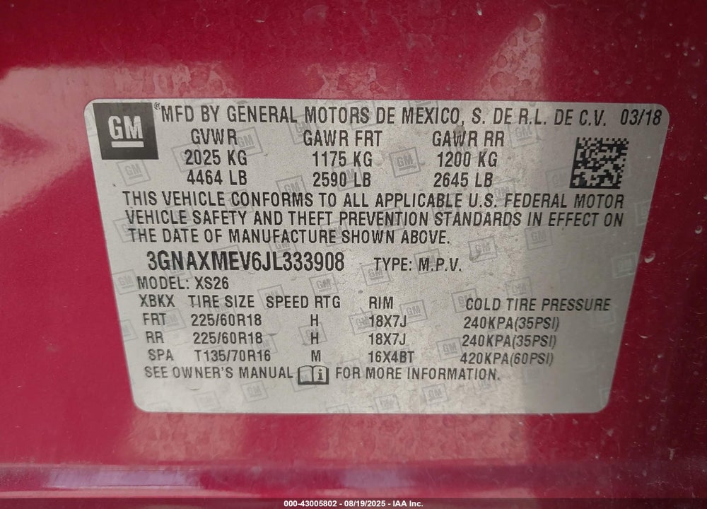 2018 CHEVROLET EQUINOX VIN: 3GNAXMEV6JL333908