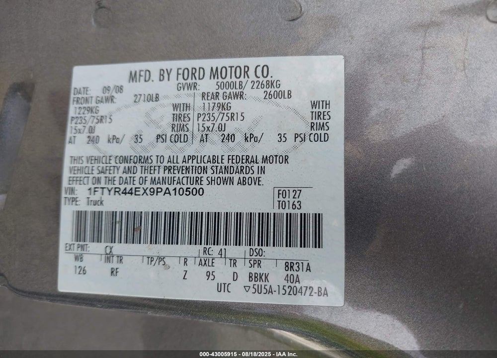 2009 FORD RANGER VIN: 1FTYR44EX9PA10500