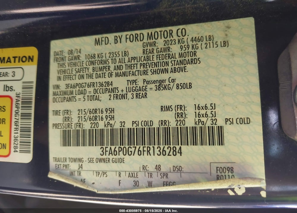 2015 FORD FUSION VIN: 3FA6P0G76FR136284
