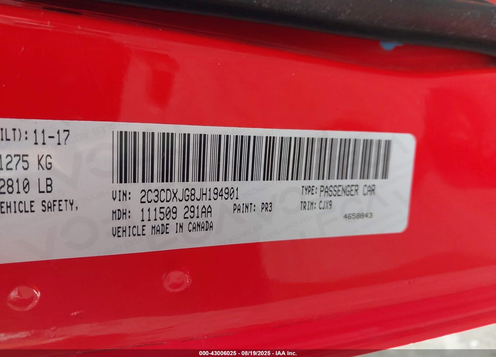 2018 DODGE CHARGER VIN: 2C3CDXJG8JH194901