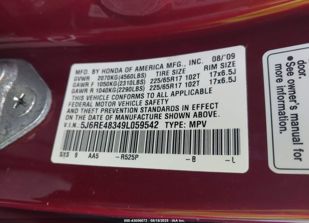 2009 HONDA CR-V VIN: 5J6RE48349L059542