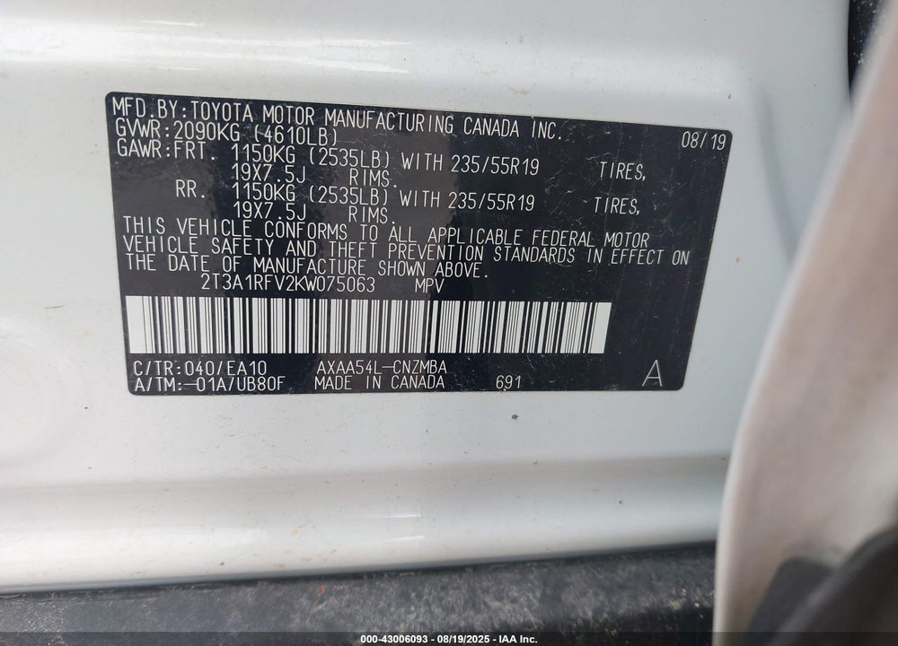 2019 TOYOTA RAV4 XLE PREMIUM VIN: 2T3A1RFV2KW075063