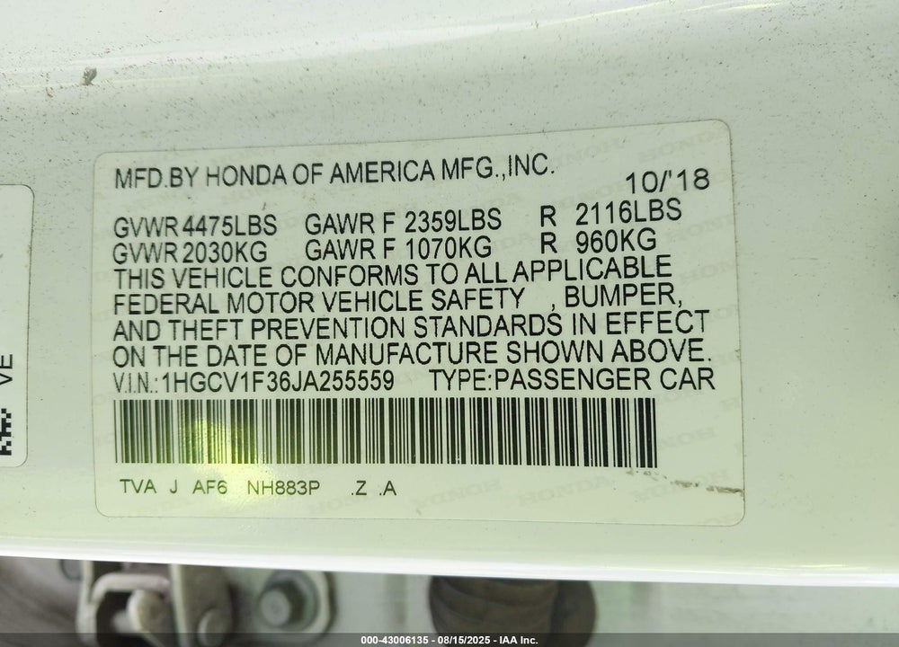 2018 HONDA ACCORD SPORT VIN: 1HGCV1F36JA255559