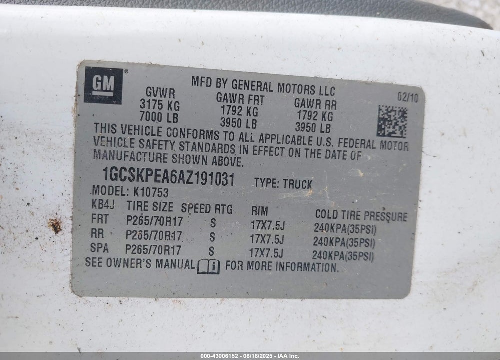 2010 CHEVROLET SILVERADO 1500 VIN: 1GCSKPEA6AZ191031