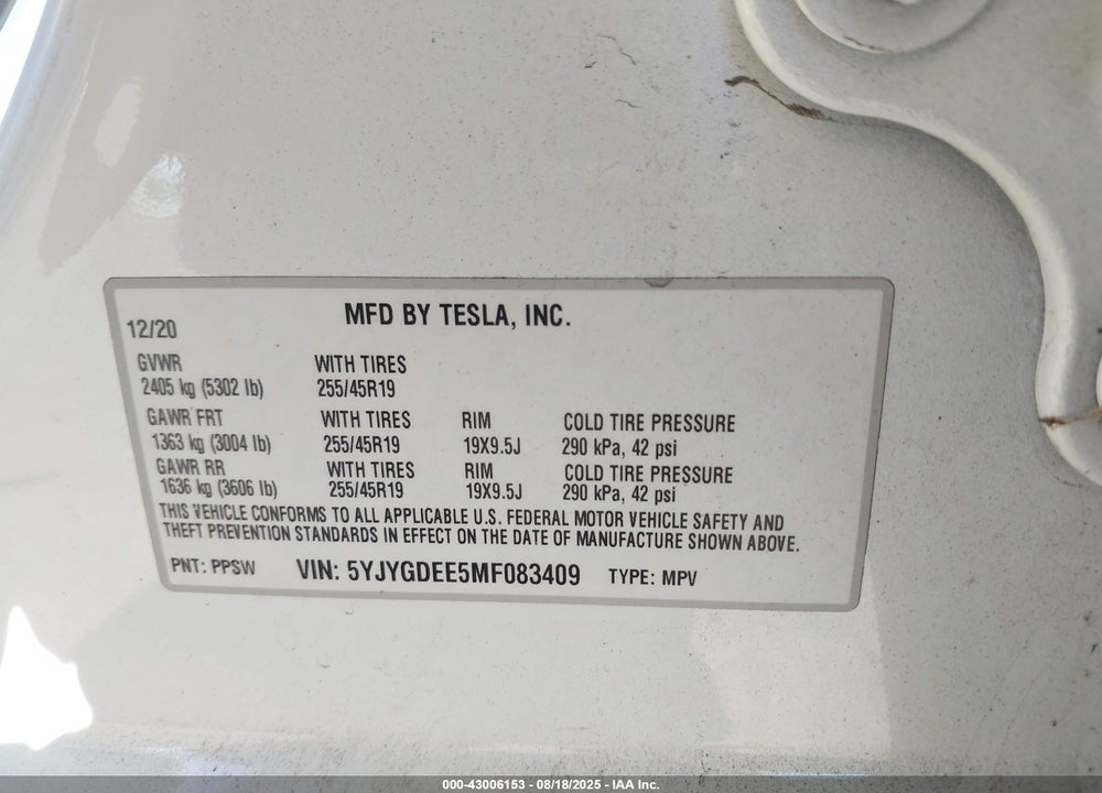 2021 TESLA MODEL Y VIN: 5YJYGDEE5MF083409