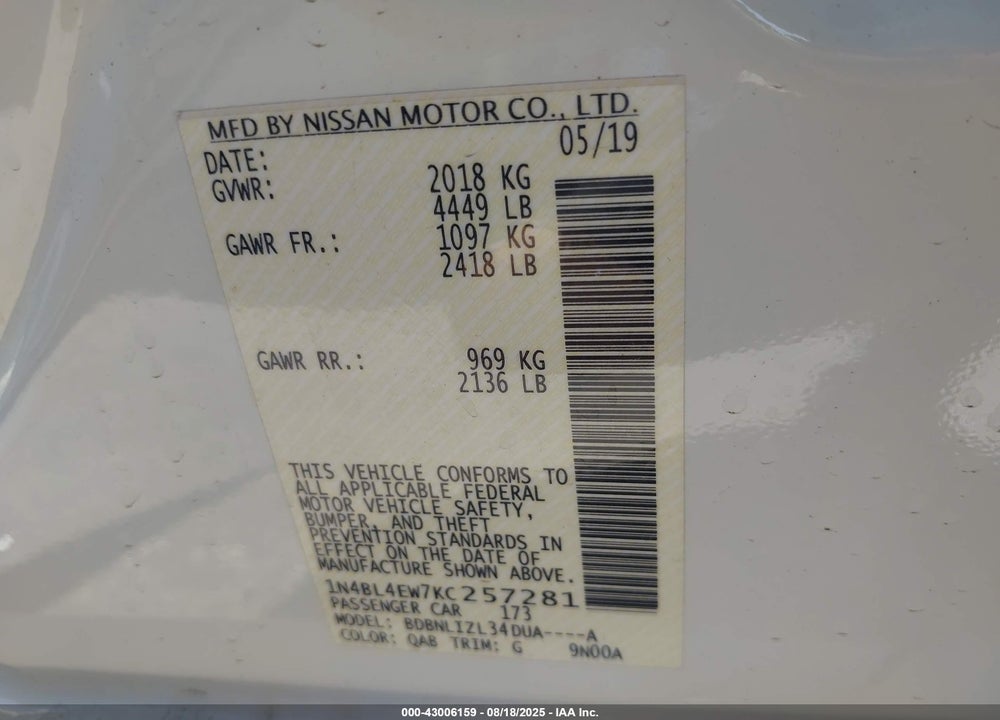 2019 NISSAN ALTIMA VIN: 1N4BL4EW7KC257281