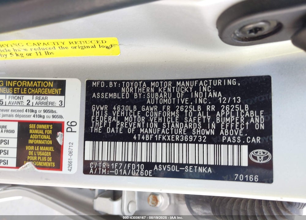 2014 TOYOTA CAMRY VIN: 4T4BF1FKXER369732