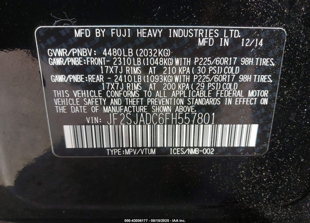2015 SUBARU FORESTER 2.5I PREMIUM VIN: JF2SJADC6FH557801