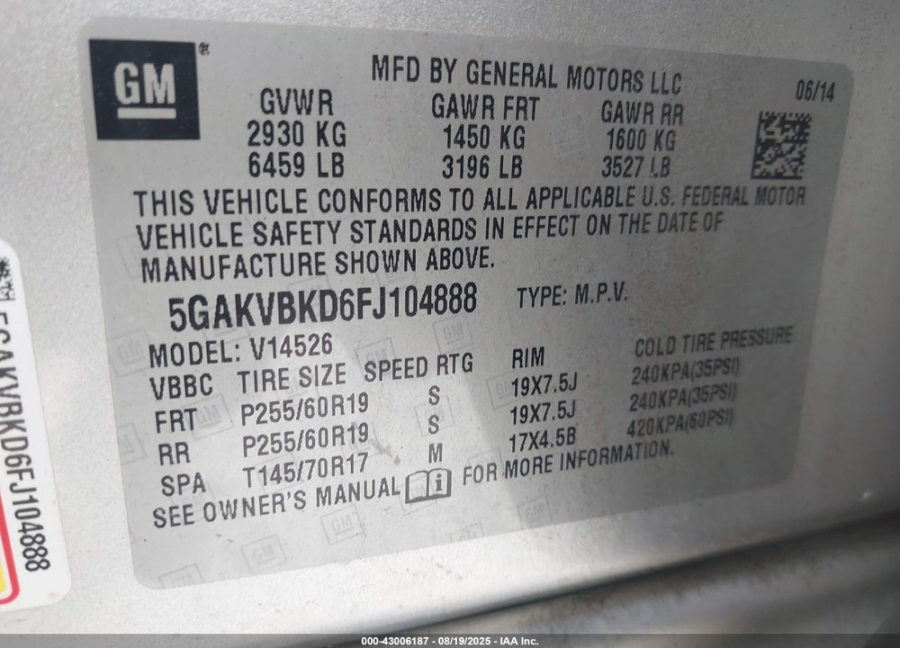 2015 BUICK ENCLAVE VIN: 5GAKVBKD6FJ104888