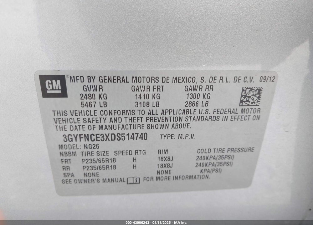 2013 CADILLAC SRX VIN: 3GYFNCE3XDS514740