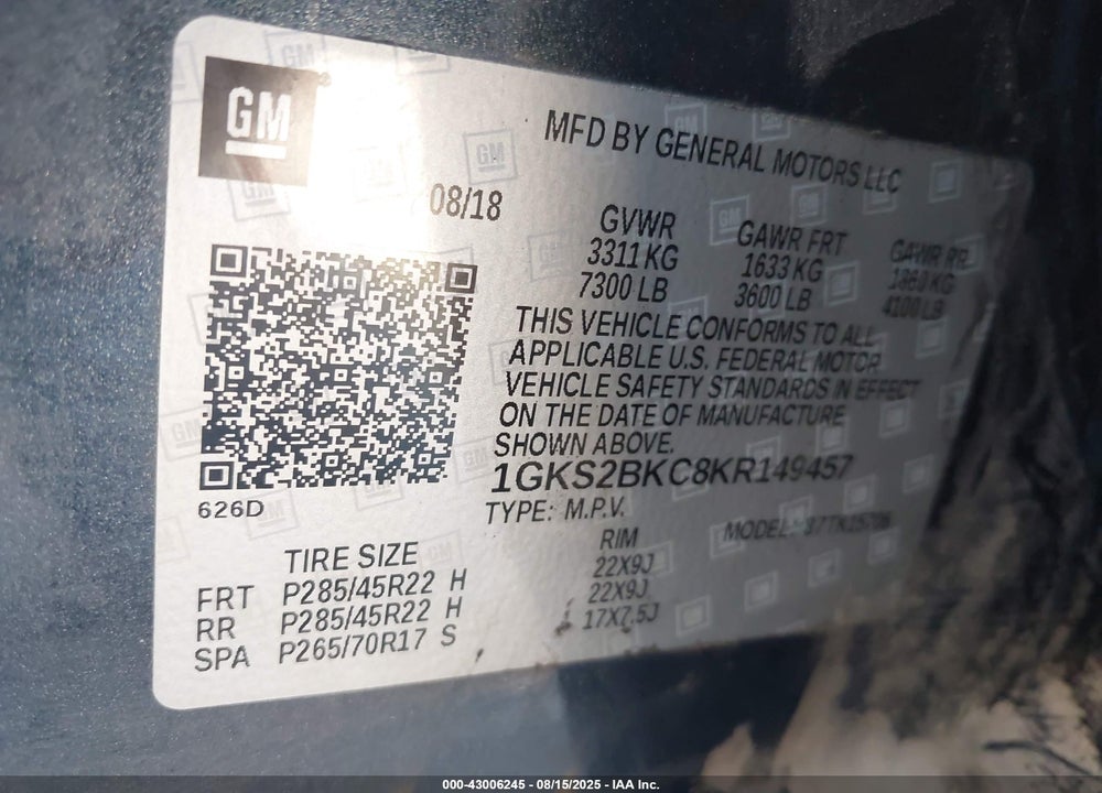 2019 GMC YUKON VIN: 1GKS2BKC8KR149457