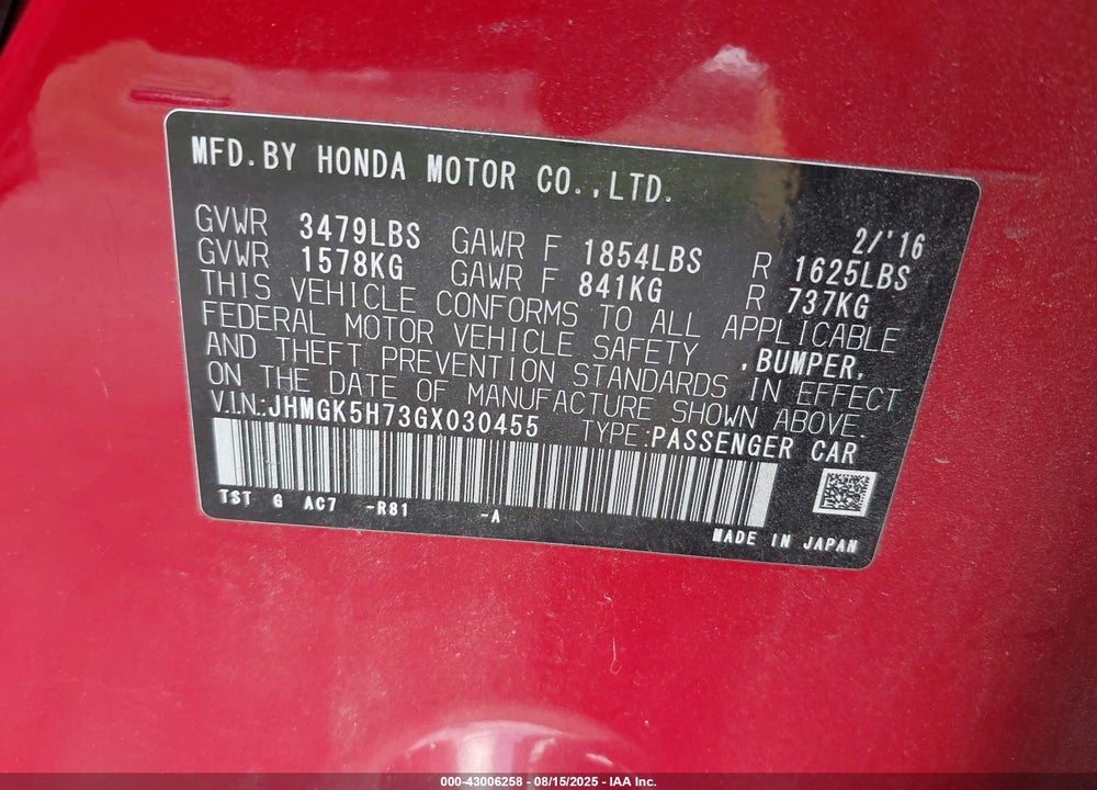 2016 HONDA FIT VIN: JHMGK5H73GX030455