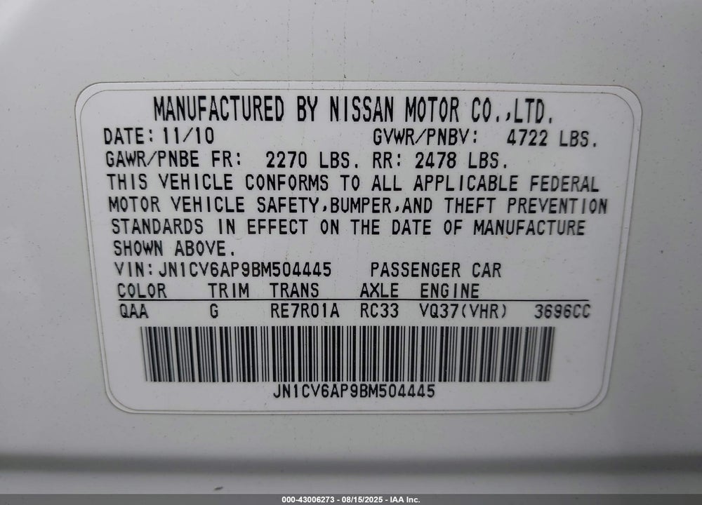 2011 INFINITI G37 JOURNEY VIN: JN1CV6AP9BM504445