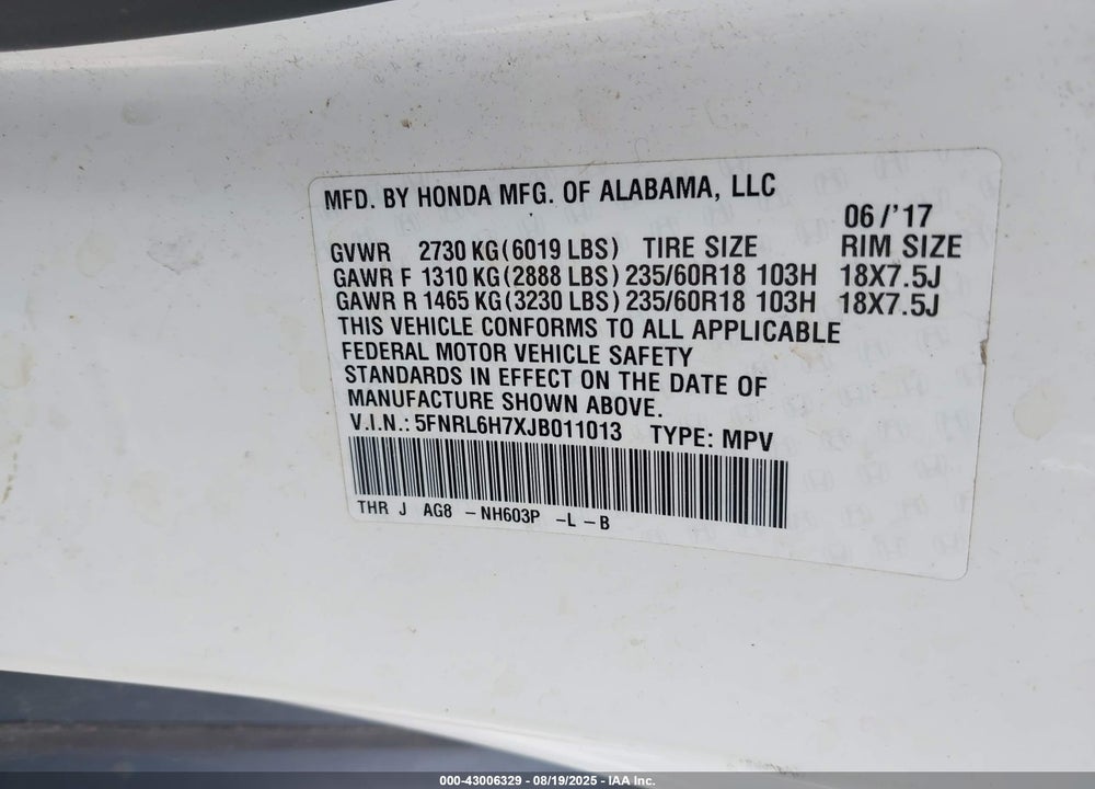 2018 HONDA ODYSSEY EX-L VIN: 5FNRL6H7XJB011013