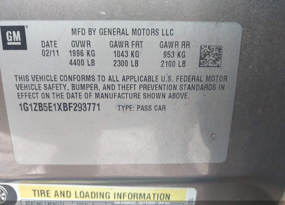 2011 CHEVROLET MALIBU VIN: 1G1ZB5E1XBF293771