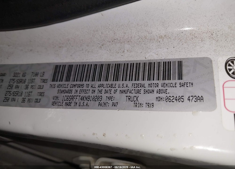 2019 RAM 1500 VIN: 1C6SRFFT4KN910203