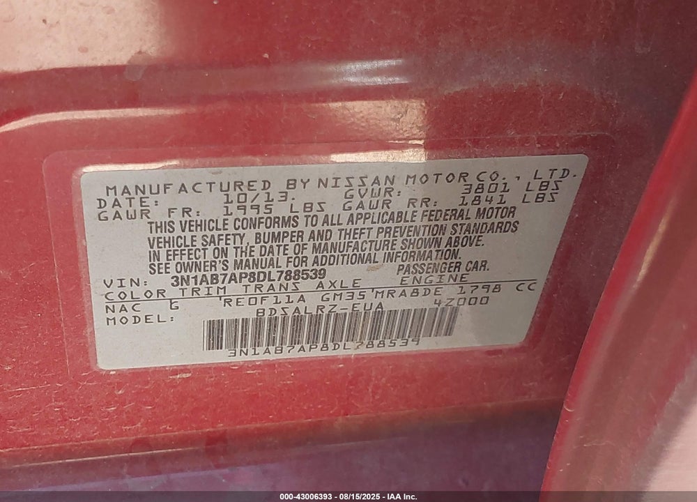 2013 NISSAN SENTRA VIN: 3N1AB7AP8DL788539