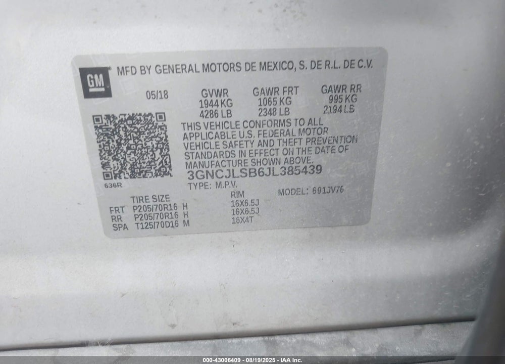 2018 CHEVROLET TRAX VIN: 3GNCJLSB6JL385439