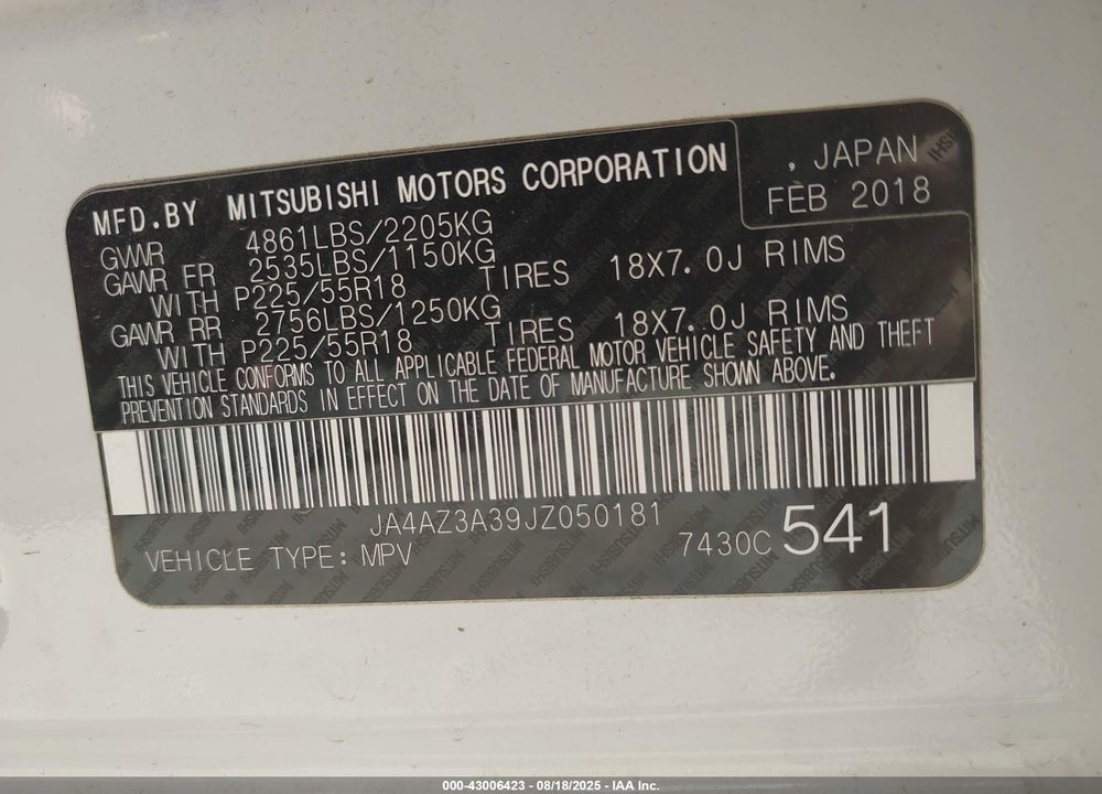 2018 MITSUBISHI OUTLANDER SEL VIN: JA4AZ3A39JZ050181