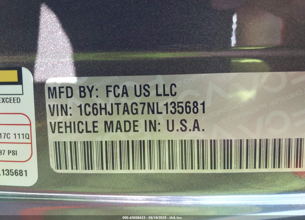 2022 JEEP GLADIATOR WILLYS SPORT 4X4 VIN: 1C6HJTAG7NL135681