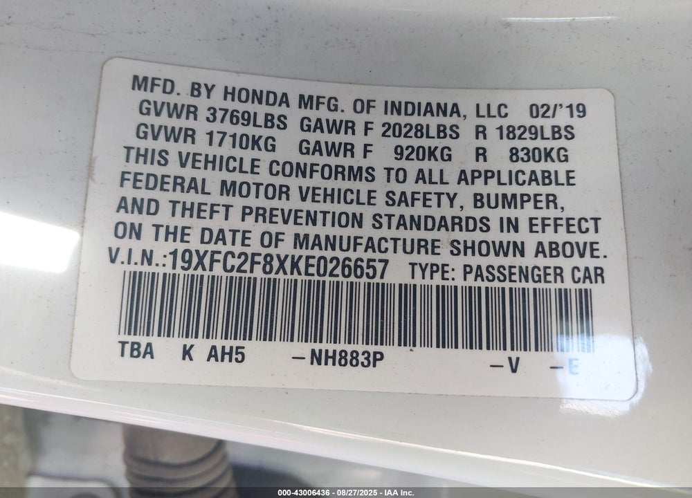 2019 HONDA CIVIC VIN: 19XFC2F8XKE026657
