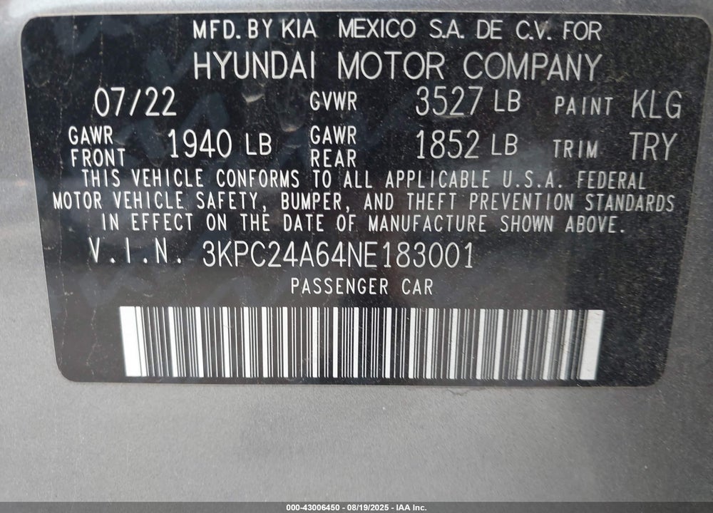 2022 HYUNDAI ACCENT VIN: 3KPC24A64NE183001