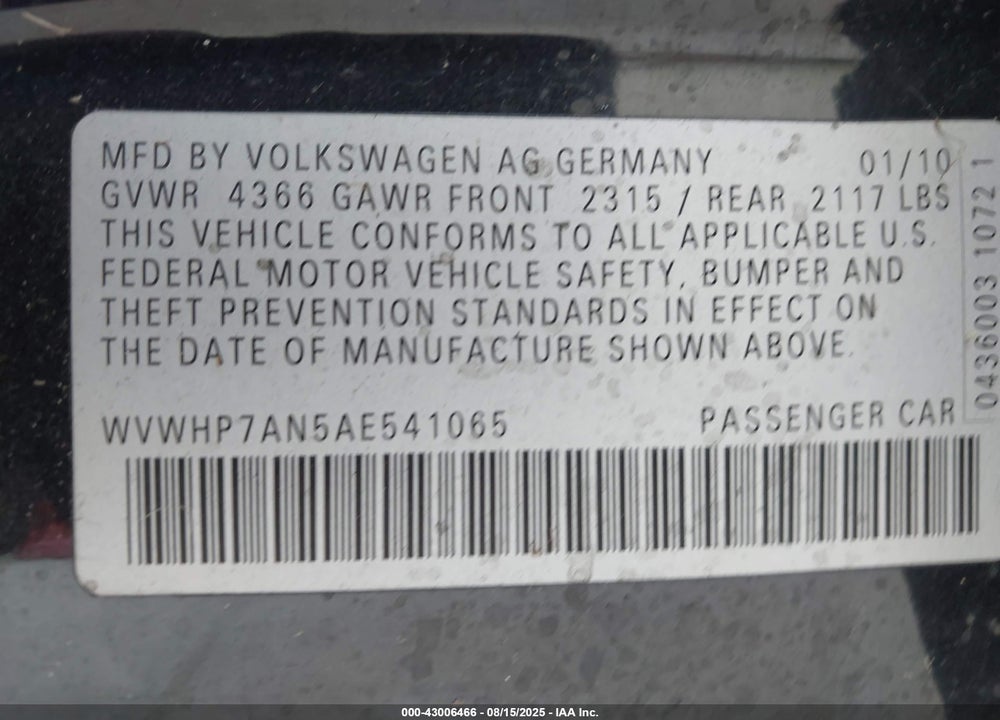 2010 VOLKSWAGEN CC VIN: WVWHP7AN5AE541065