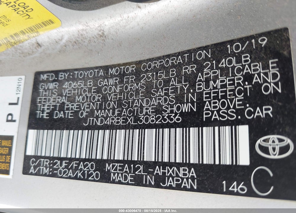 2020 TOYOTA COROLLA VIN: JTND4RBEXL3082336
