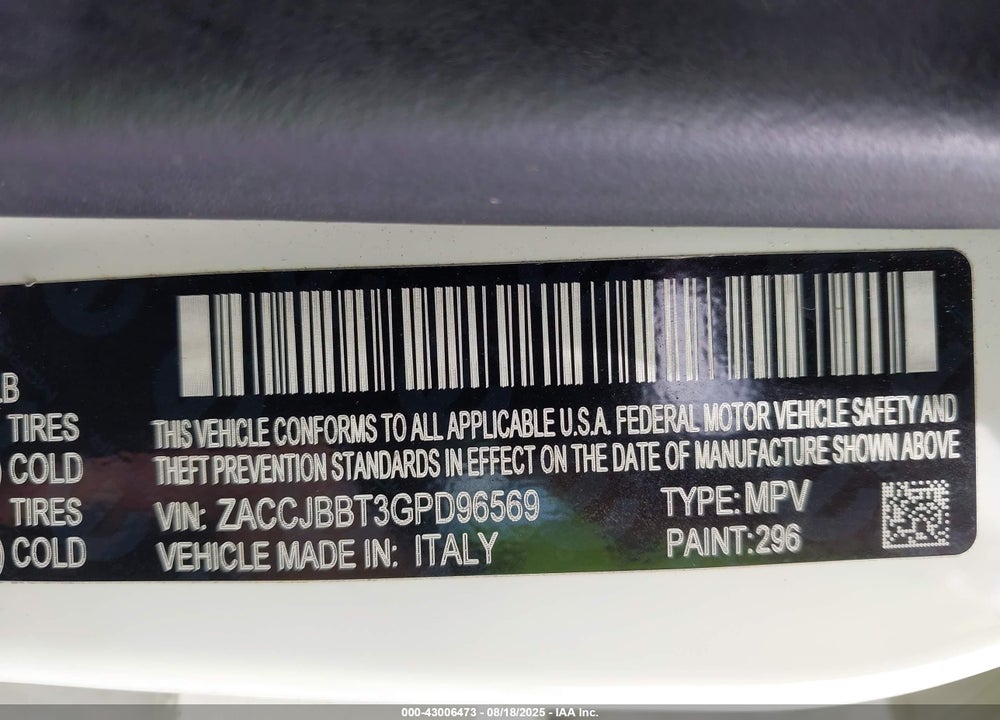 2016 JEEP RENEGADE VIN: ZACCJBBT3GPD96569