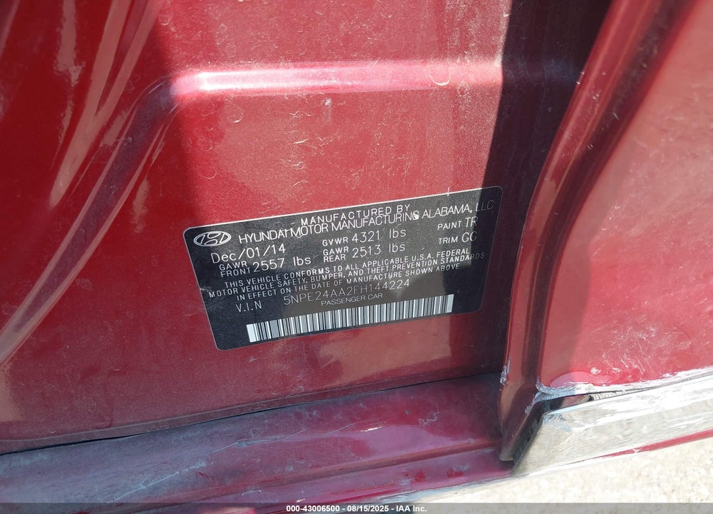 2015 HYUNDAI SONATA ECO VIN: 5NPE24AA2FH144224