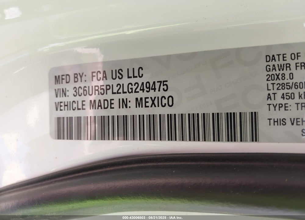 2020 RAM 2500 VIN: 3C6UR5PL2LG249475