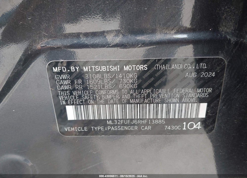 2024 MITSUBISHI MIRAGE VIN: ML32FUFJ6RHF13885