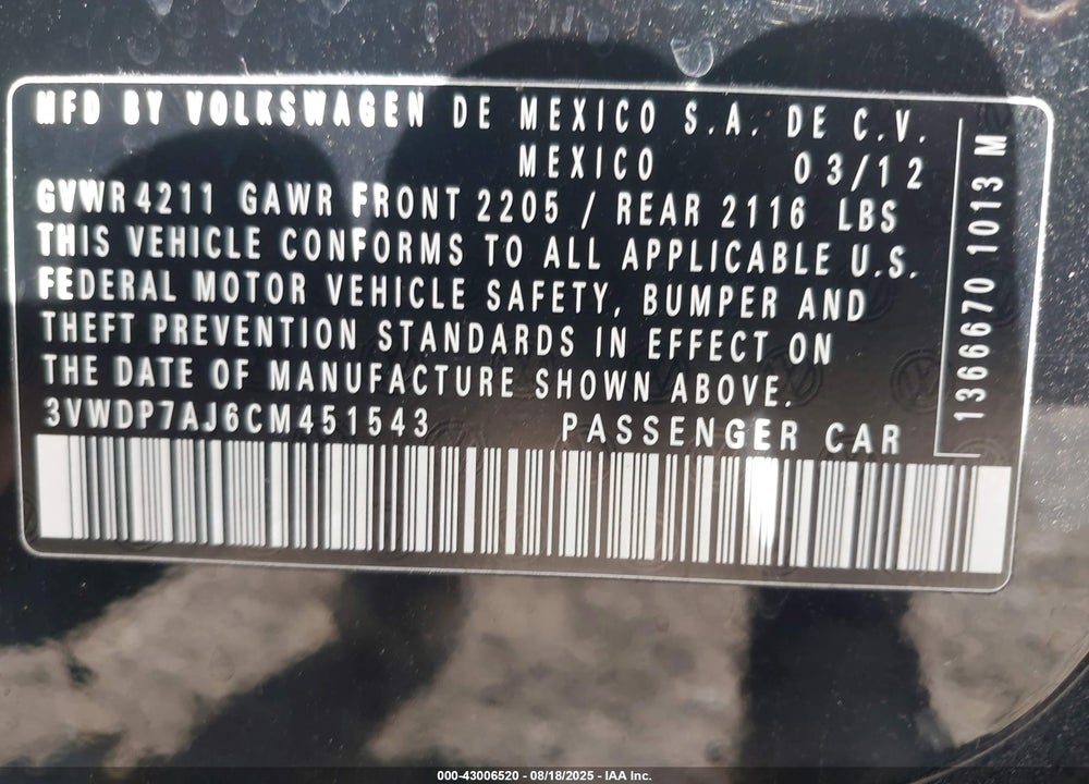 2012 VOLKSWAGEN JETTA VIN: 3VWDP7AJ6CM451543