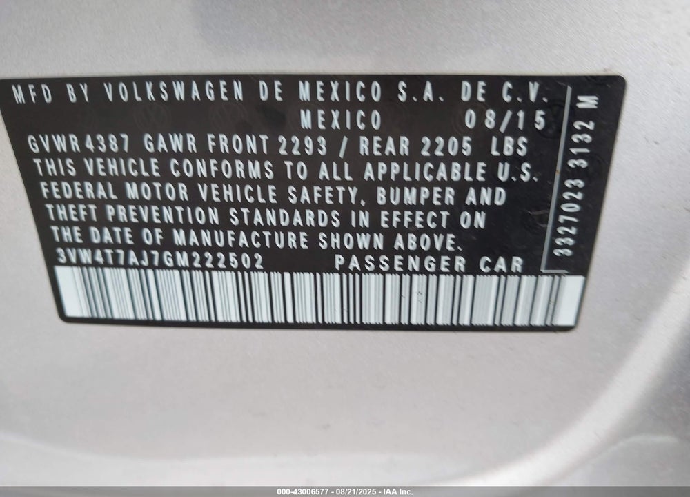 2016 VOLKSWAGEN JETTA VIN: 3VW4T7AJ7GM222502