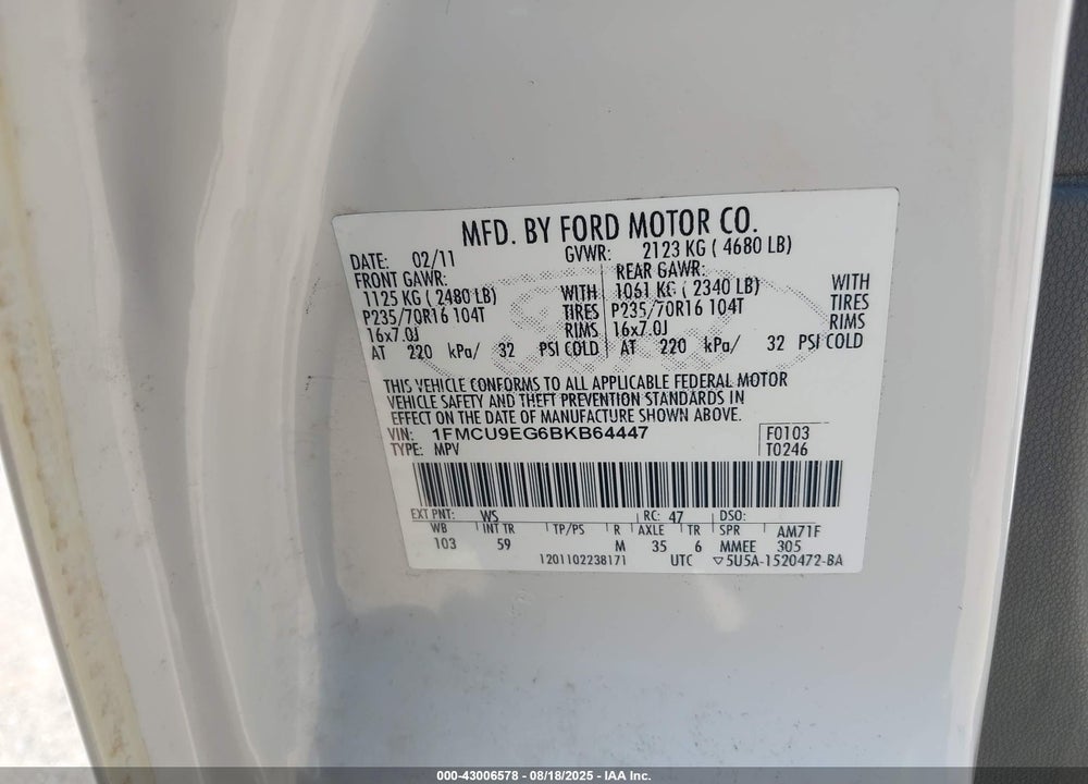 2011 FORD ESCAPE VIN: 1FMCU9EG6BKB64447