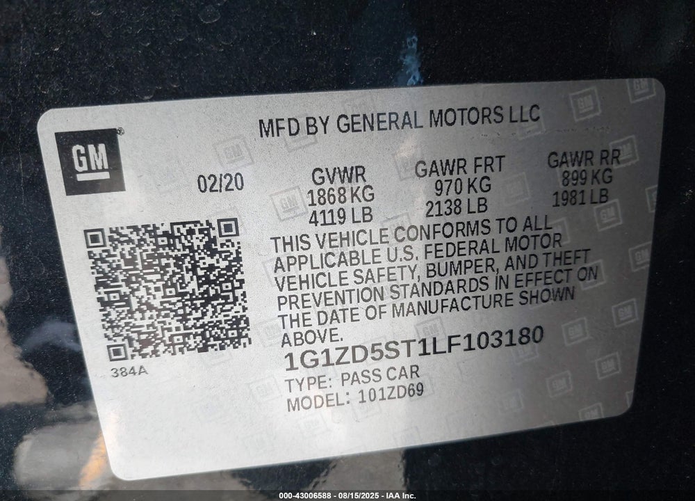 2020 CHEVROLET MALIBU VIN: 1G1ZD5ST1LF103180