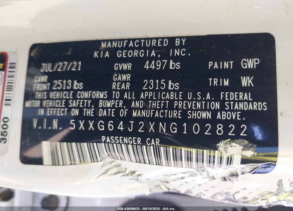 2022 KIA K5 VIN: 5XXG64J2XNG102822